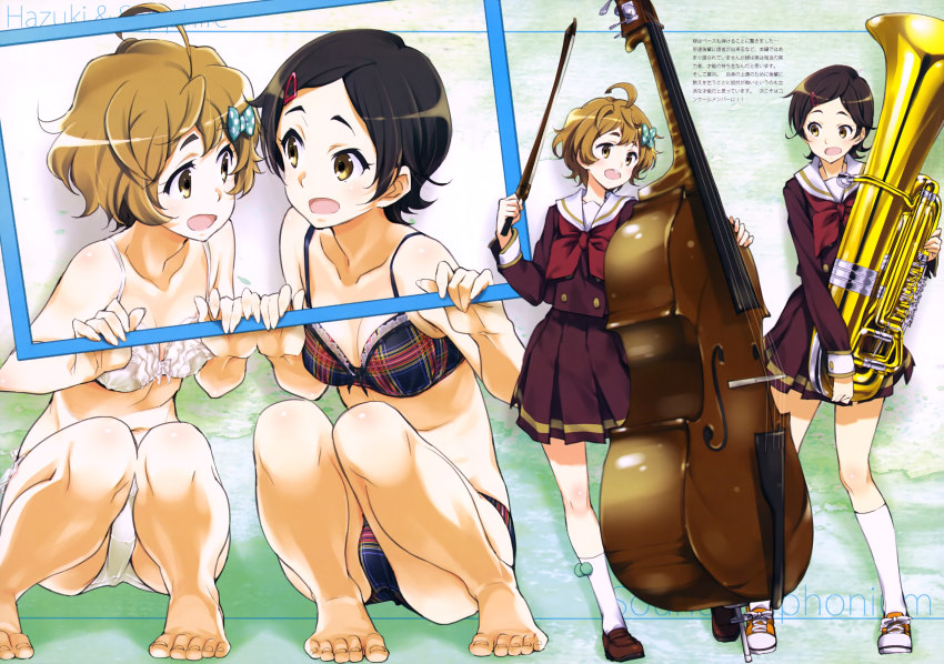 2girls absurdres ahoge bare_shoulders barefoot blonde_hair blue_bra blue_panties blush bow bow_(music) bra breasts brown_eyes brown_footwear brown_hair brown_shirt brown_skirt cleavage collarbone double_bass feet green_bow green_eyes hair_bow hair_ornament hairclip hand_up hibike!_euphonium highres holding holding_instrument instrument katou_hazuki kawashima_sapphire kitauji_high_school_uniform kneehighs kurashima_tomoyasu lingerie loafers long_sleeves looking_at_another midriff multiple_girls navel neckerchief open_mouth orange_footwear panties plaid_bra plaid_clothes plaid_panties pleated_skirt polka_dot red_neckerchief sailor_collar school_uniform serafuku shirt shoes short_hair skirt small_breasts smile sneakers socks squatting standing toes tuba underwear white_bra white_legwear white_panties white_sailor_collar