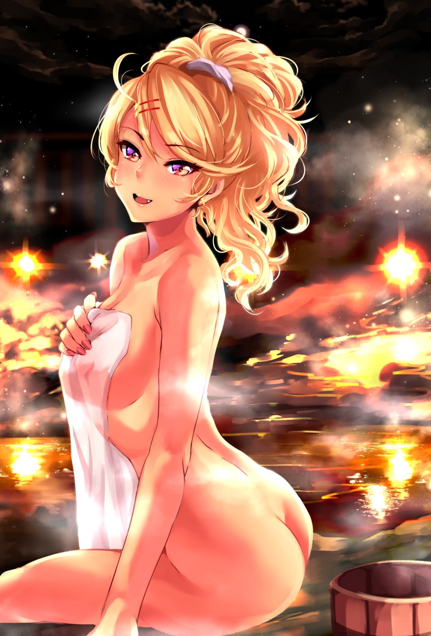 1girl amaryllis_gumi ass bathing blonde_hair blush breasts butt_crack cleavage collarbone covering_privates dark-skinned_female dark_skin earrings fang female_focus gyaru hair_ornament hair_scrunchie hairclip high_ponytail highres jewelry large_breasts lips long_hair looking_at_viewer nail_polish naked_towel nude_cover onsen open_mouth orange_eyes ouga_saki outdoors pink_nails scrunchie see-through_clothes shashaki sitting sky solo star_(sky) star_(symbol) star_earrings starry_sky towel virtual_youtuber water wavy_hair wet_towel white_scrunchie