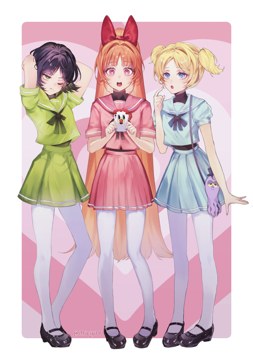 3girls black_hair blonde_hair blossom_(ppg) blue_eyes blue_sailor_collar blue_serafuku blue_shirt blue_skirt bow bubbles_(ppg) buttercup_(ppg) cellphone commentary green_eyes green_sailor_collar green_serafuku green_shirt green_skirt hair_bow highres holding holding_phone long_hair miviy19 multiple_girls octi orange_hair pantyhose phone pink_eyes pink_sailor_collar pink_serafuku pink_shirt pink_skirt powerpuff_girls red_bow sailor_collar school_uniform serafuku shirt short_hair skirt smartphone twintails white_pantyhose