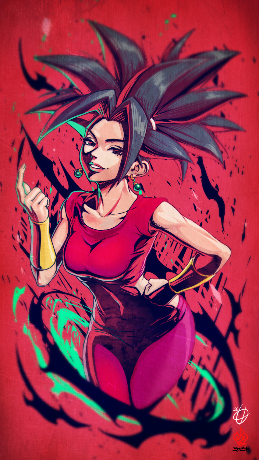 1girl absurdres black_eyes black_hair breasts collarbone cowboy_shot cropped_legs dragon_ball dragon_ball_super earrings grin hand_on_own_hip highres index_finger_raised jewelry kanchiyo kefla_(dragon_ball) leaning_forward long_hair looking_at_viewer medium_breasts pants potara_earrings red_background red_pants red_shirt shirt short_sleeves smile solo spiked_hair standing very_long_hair