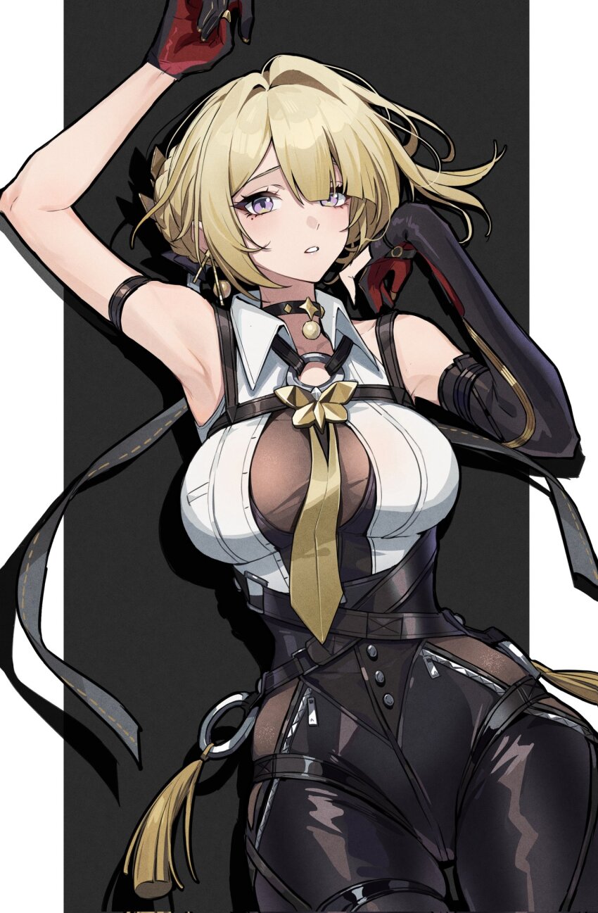 1girl arm_up armpits bare_shoulders black_background black_choker black_gloves black_pants blonde_hair breasts choker collarbone collared_shirt commentary corrupted_twitter_file elbow_gloves evelyn_chevalier gloves hashtag-only_commentary high-waist_pants highres large_breasts looking_at_viewer necktie pants parted_lips pillarboxed purple_eyes shirt short_hair single_elbow_glove solo tight_clothes tight_pants tupikeee white_shirt yellow_necktie zenless_zone_zero