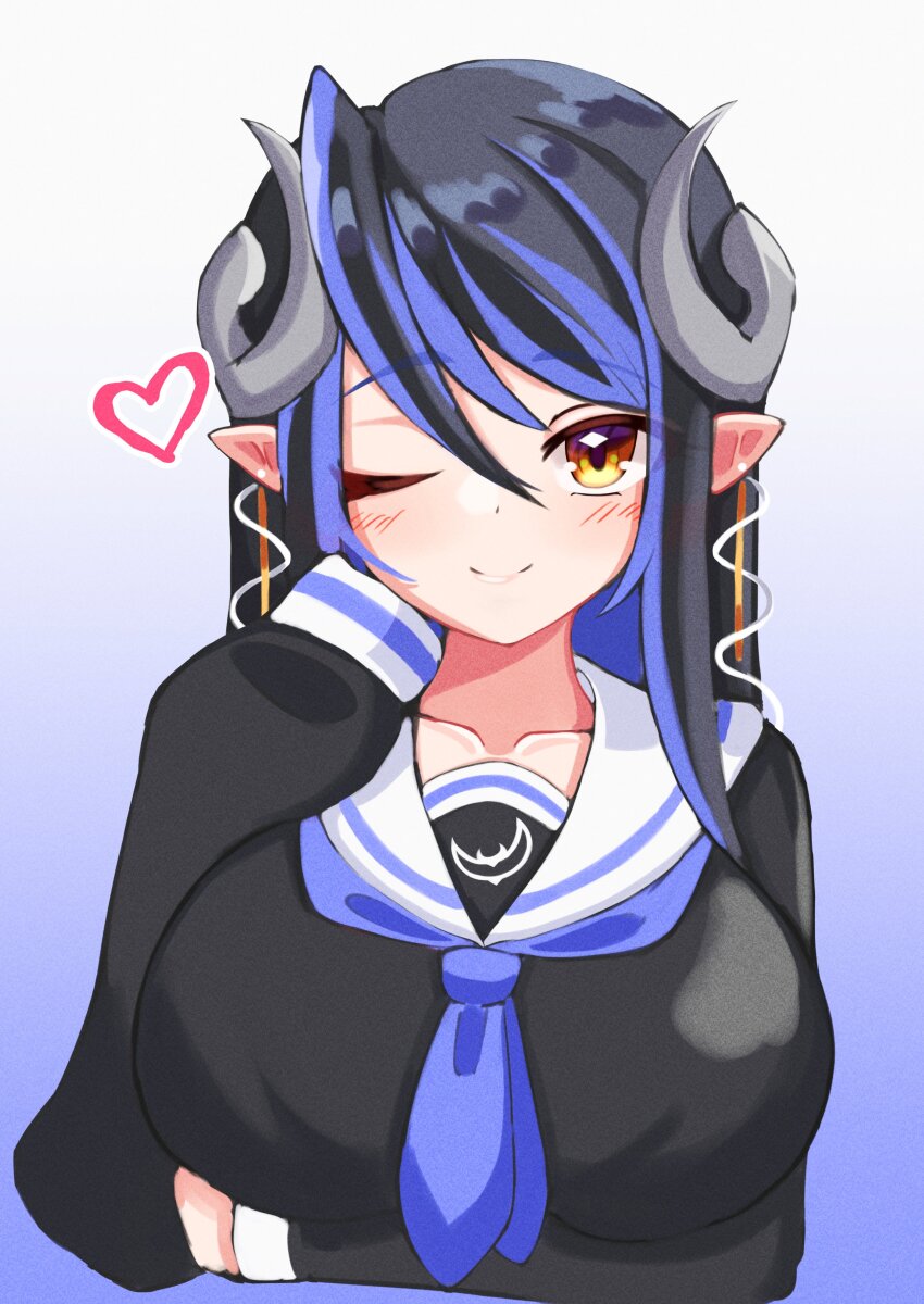 1girl absurdres alternate_costume arm_under_breasts black_hair black_shirt blue_background blue_hair blue_neckerchief blush breasts brown_eyes caduceus closed_mouth collarbone commentary_request curled_horns demon_girl demon_horns gradient_background grey_horns hair_between_eyes heart hebiyoi_tier highres horns large_breasts long_hair looking_at_viewer multicolored_hair nanashi_inc. neckerchief one_eye_closed pointy_ears sailor_collar school_uniform serafuku shirt sidelocks smile solo two-tone_hair upper_body virtual_youtuber white_sailor_collar yomusu