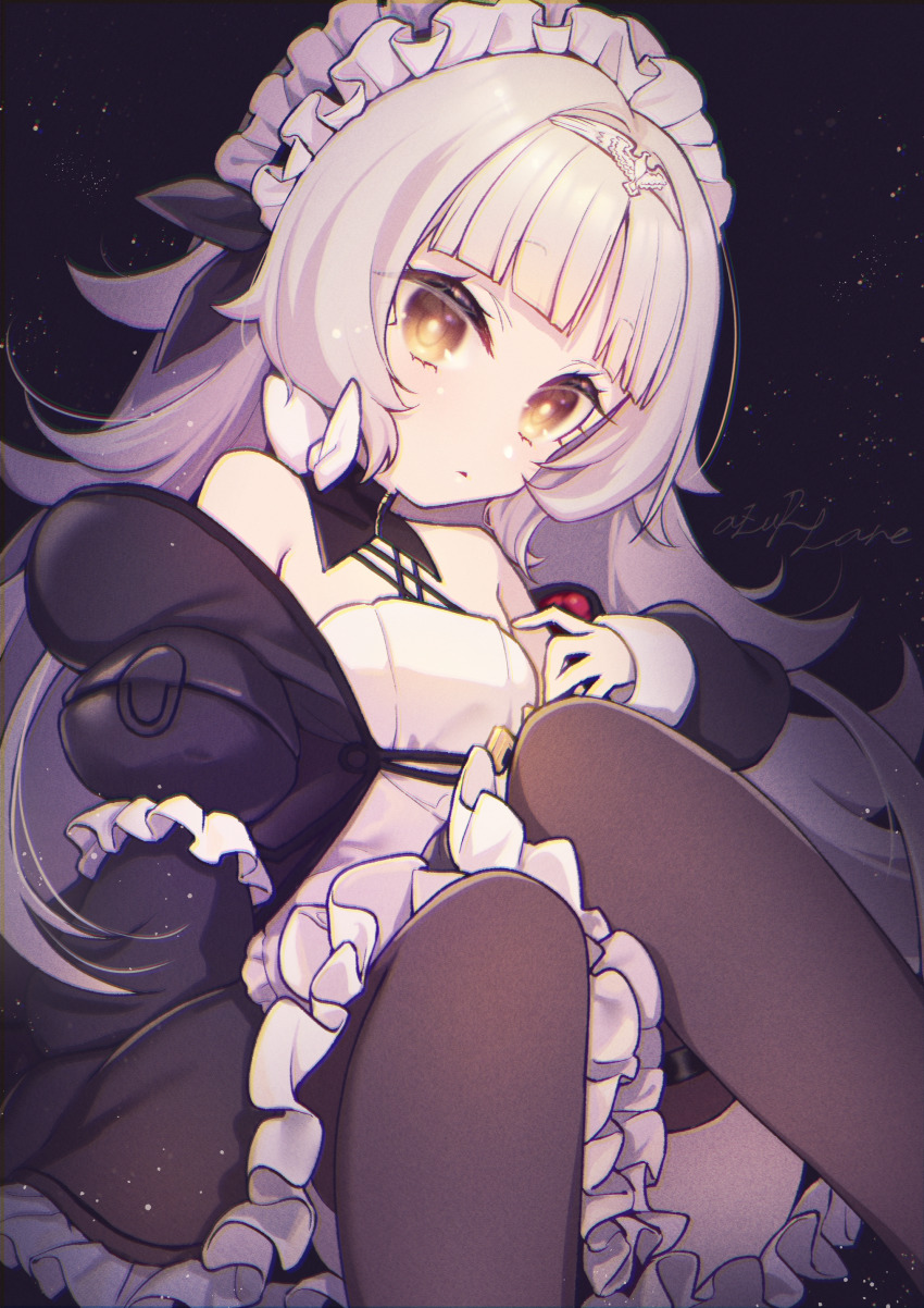 1girl absurdres alternate_costume azur_lane bare_shoulders black_dress brown_thighhighs dress enmaided frilled_dress frills hair_ornament hairpin highres long_hair looking_at_viewer maid maid_headdress night night_sky noko official_alternate_costume puffy_sleeves sky solo thigh_strap thighhighs two-tone_dress very_long_hair white_dress white_hair yellow_eyes z46_(azur_lane) z46_(chronicles_of_the_dust_wars)_(azur_lane)