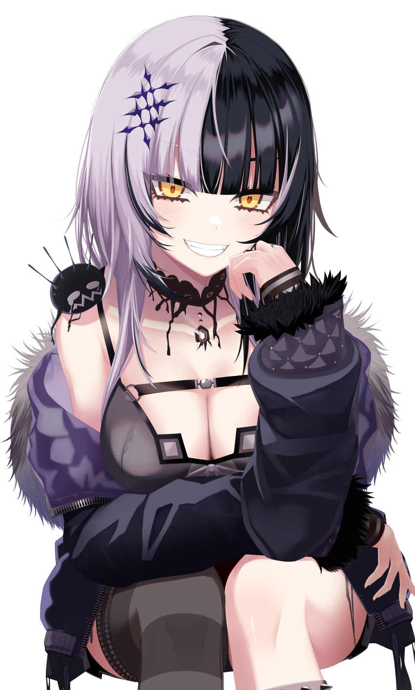 1girl absurdres black_choker black_coat black_hair black_thighhighs breasts choker cleavage coat fur-trimmed_coat fur_trim grey_hair grey_thighhighs grin highres hololive hololive_english large_breasts long_hair looking_at_viewer multicolored_hair purple_coat shiori_novella shiori_novella_(1st_costume) simple_background single_thighhigh smile solo split-color_hair takamiya_nao teeth thighhighs two-sided_coat two-sided_fabric two-tone_hair two-tone_thighhighs virtual_youtuber white_background yellow_eyes yorick_(shiori_novella)