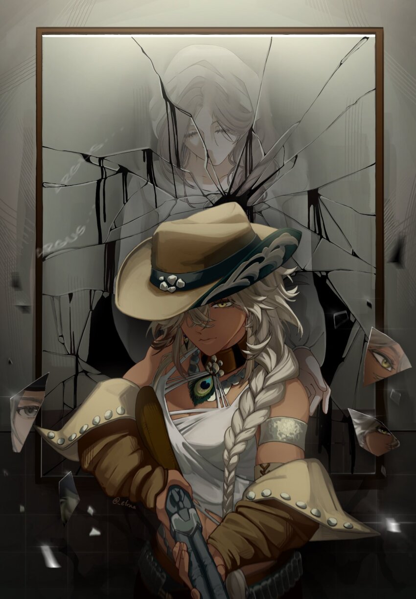 2girls argus_(reverse:1999) armlet bare_shoulders behind_another black_liquid blonde_hair broken_glass broken_mirror brown_hat brown_sleeves closed_eyes cowboy_hat detached_sleeves different_reflection dress eira_(e1raa) glass glass_shards grey_hair gun hair_over_one_eye hair_over_shoulder hat headscarf highres holding holding_gun holding_weapon jewelry kayla_(reverse:1999) long_braid long_hair looking_at_viewer midriff mirror multiple_girls one_eye_covered reflection reverse:1999 rifle tank_top upper_body weapon white_dress white_tank_top yellow_eyes