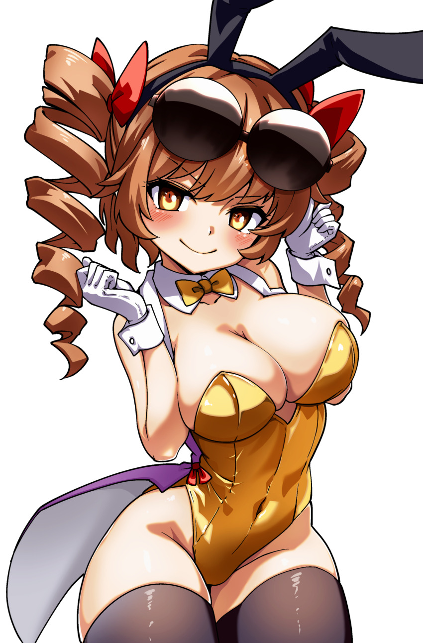 1girl absurdres animal_ears black_thighhighs breasts cleavage cowboy_shot drill_hair eyewear_on_head fake_animal_ears gloves highres kikoka_(mizuumi) leotard looking_at_viewer playboy_bunny simple_background solo thighhighs touhou white_background white_gloves yellow_leotard yorigami_jo&#039;on