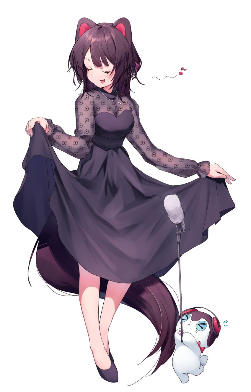 1girl :d animal_ears black_dress breasts brown_hair cleavage closed_eyes dog_ears dog_tail dress facing_to_the_side full_body highres inui_toko inui_toko_(5th_costume) long_hair long_sleeves musical_note nijisanji open_mouth see-through_clothes see-through_cleavage shoes simple_background skirt_hold smile solo standing sukuna136 tail virtual_youtuber white_background