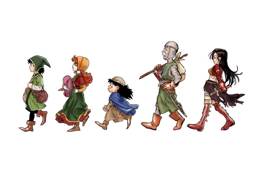 2girls 3boys aira_(dq7) black_hair closed_mouth curly_hair dragon_quest dragon_quest_vii dress full_body gabo hat hero_(dq7) highres hood long_hair maribel_(dq7) multiple_boys multiple_girls orange_hair sheath sheathed simple_background sir_mervyn smile sword uranagi_(uranaginasi) walking weapon white_background