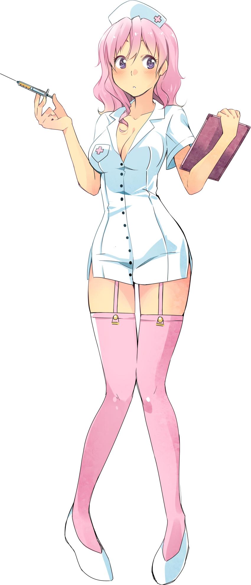 1girl absurdres breasts female_focus full_body hat highres joakim_waller large_breasts muja_kina nurse nurse_cap official_art open_clothes pink_hair purple_eyes simple_background solo syringe white_background yandere_simulator