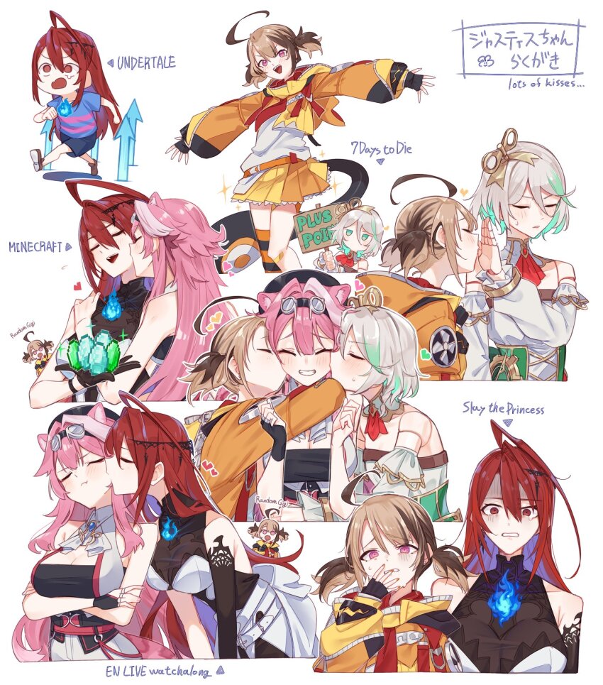 4girls 7_days_to_die ahoge animal_ears blush breasts brown_hair cecilia_immergreen cheek_kiss closed_eyes closed_mouth doll_joints double_cheek_kiss elizabeth_rose_bloodflame gigi_murin goggles goggles_on_head green_eyes green_hair grey_hair hetareeji highres hololive hololive_english joints kiss kissing_cheek long_hair minecraft multicolored_hair multiple_girls open_mouth parted_lips pink_eyes pink_hair raora_panthera red_eyes red_hair short_hair slay_the_princess tongue undertale virtual_youtuber winding_key yuri