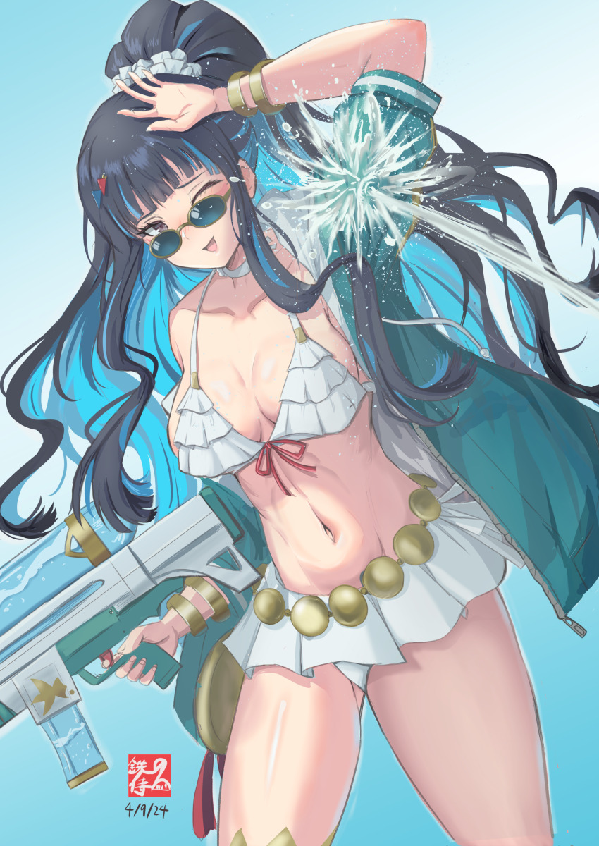 1girl absurdres bare_shoulders beach bikini black_hair blue_hair breasts choker cleavage colored_inner_hair eyeliner fate/grand_order fate_(series) green_jacket grey_eyes high_ponytail highres jacket jewelry long_hair long_sleeves looking_at_viewer makeup medium_breasts multicolored_hair navel off_shoulder one_eye_closed ponytail round_eyewear sidelocks smile solo sunglasses swimsuit tenochtitlan_(fate) tenochtitlan_(swimsuit_mooncancer)_(fate) tenochtitlan_(swimsuit_mooncancer)_(first_ascension)_(fate) tetsu_no_samurai thighlet thighs white_bikini