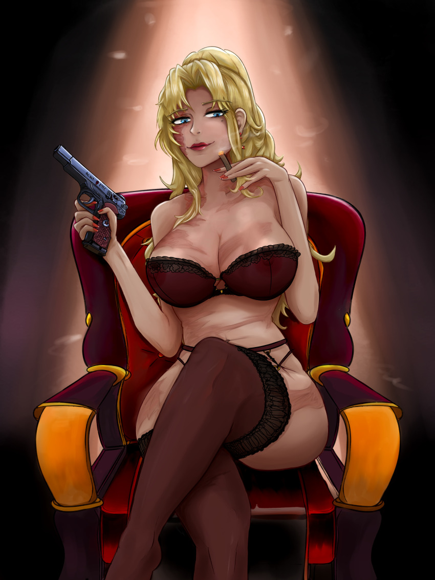 1girl absurdres balalaika_(black_lagoon) black_lagoon blonde_hair blue_eyes bo4a breasts burn_scar cigar crossed_legs ear_piercing gun handgun highres holding holding_cigar lace large_breasts long_hair looking_at_viewer on_chair piercing ponytail red_lips scar scar_on_breasts scar_on_face smile smoke smoking solo thighhighs tokarev_tt-33 underwear weapon