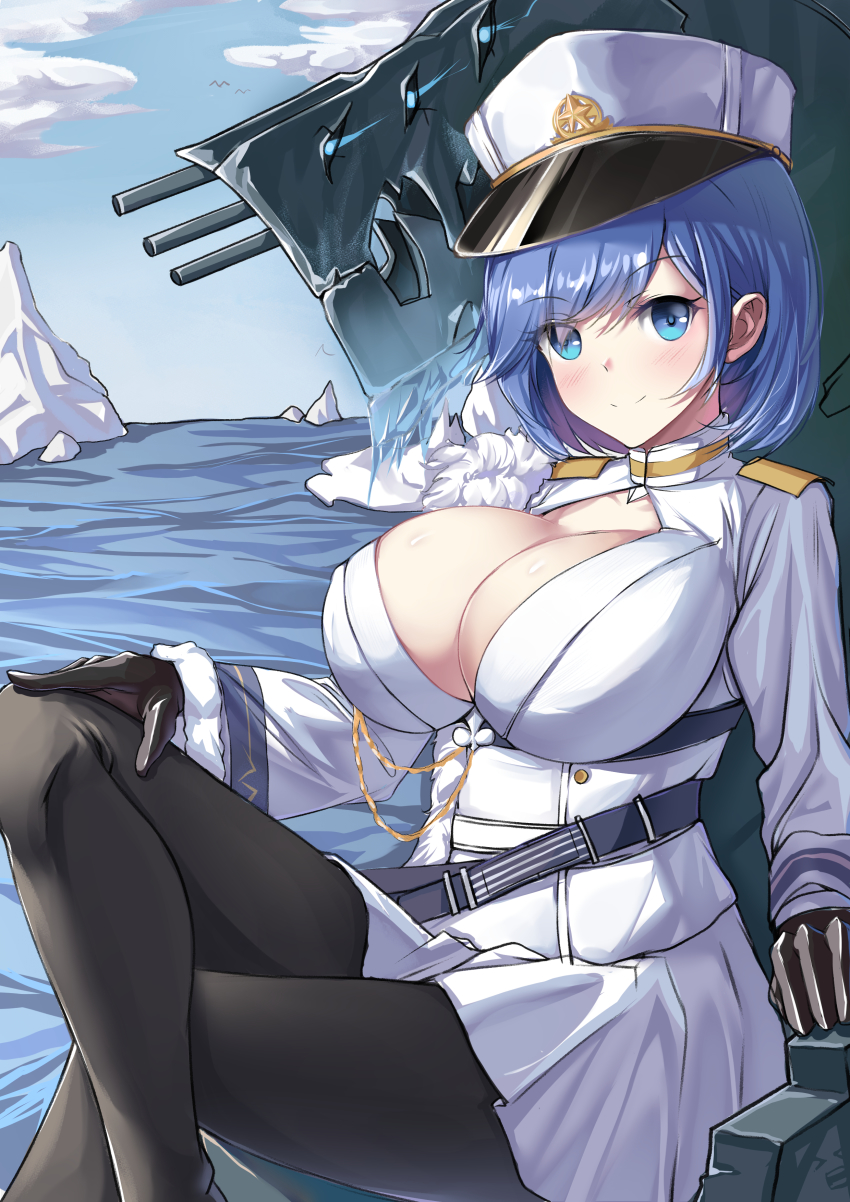 1girl a907514173 absurdres azur_lane black_gloves black_pantyhose blue_eyes blue_hair blush breasts chapayev_(azur_lane) closed_mouth gloves hair_ornament hat highres iceberg jacket large_breasts looking_at_viewer military_hat ocean pantyhose peaked_cap short_hair sitting smile solo turret white_hat white_jacket