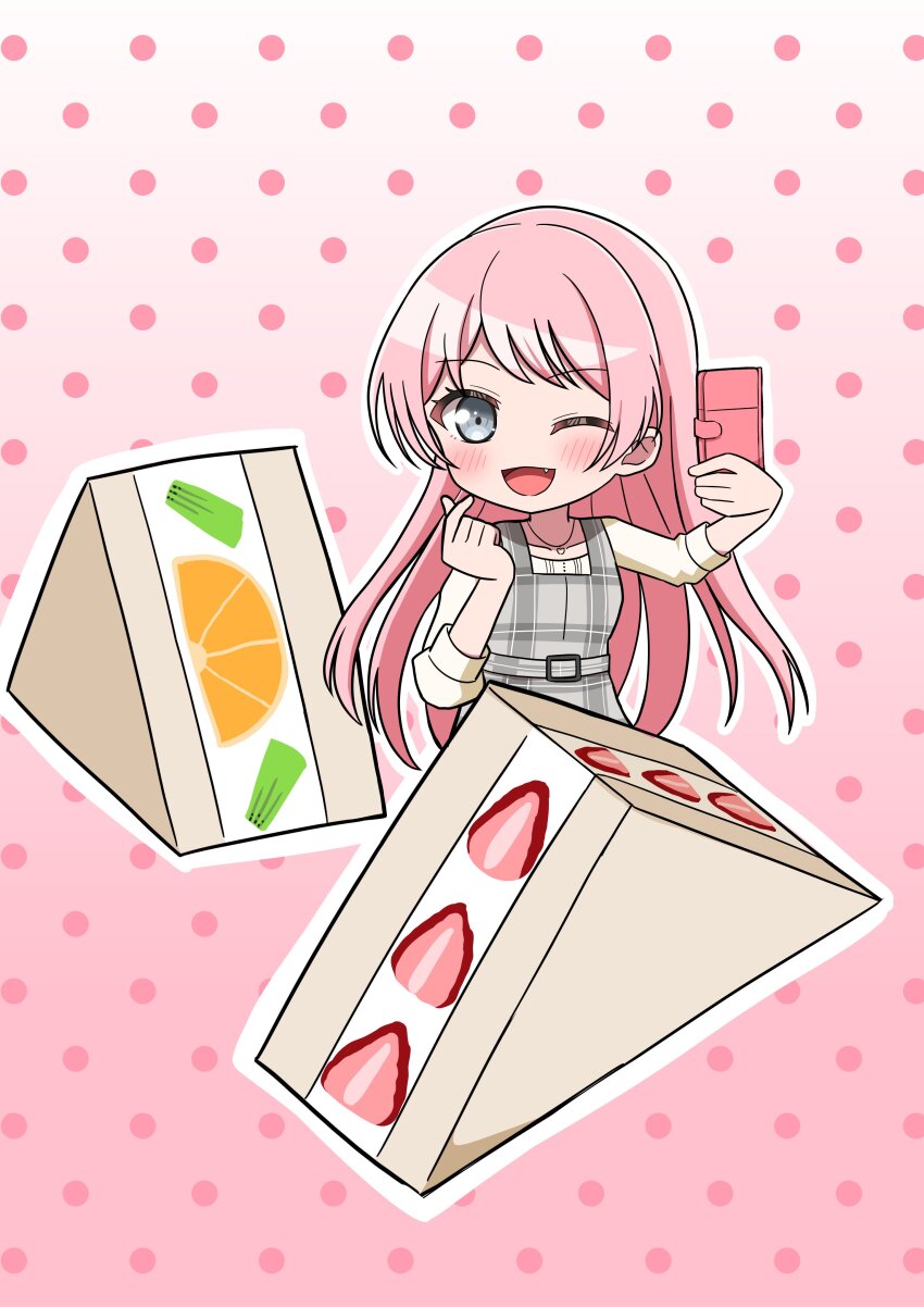 1girl absurdres bang_dream! bang_dream!_it&#039;s_mygo!!!!! blush cellphone chihaya_anon commentary dress fang grey_dress grey_eyes highres holding holding_phone kana_(user_wyka3887) long_hair one_eye_closed open_mouth outline phone pink_background pink_hair plaid_clothes plaid_dress selfie shirt sidelocks sleeves_past_elbows smartphone solo white_outline white_shirt