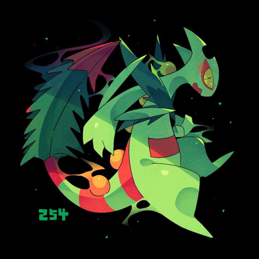 black_hair colored_sclera colored_skin creatures_(company) full_body game_freak gen_3_pokemon green_skin green_tail highres mega_pokemon mega_sceptile nintendo pokedex_number pokemon pokemon_(creature) profile sceptile simple_background solo yellow_sclera z20240601