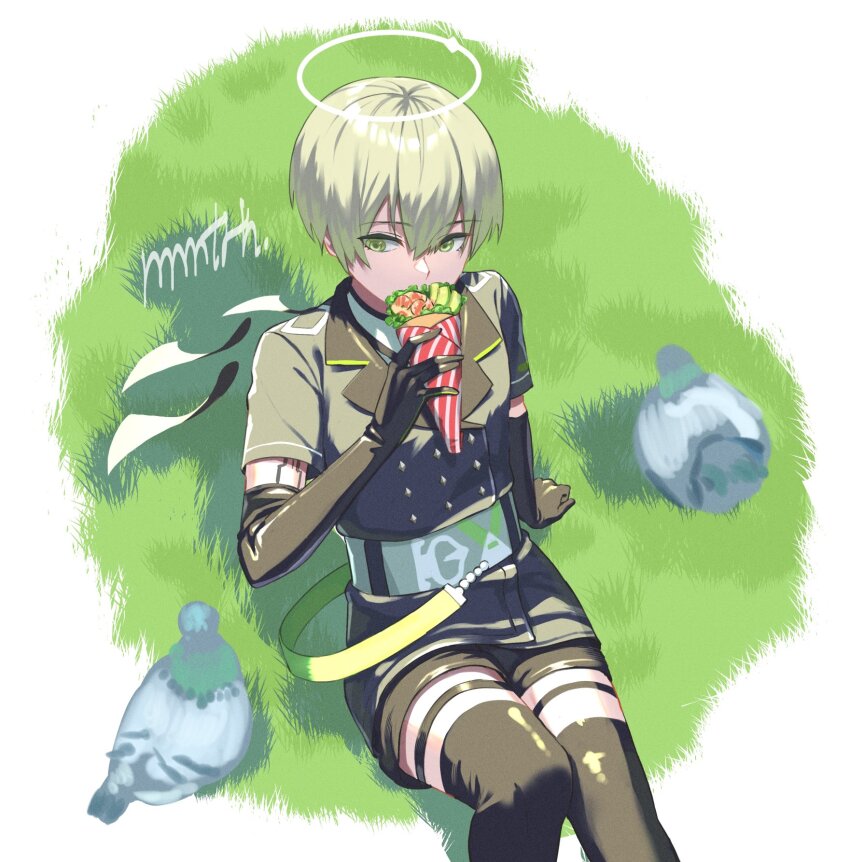 1boy arene_(arknights) arknights arm_support bird black_gloves black_jacket black_shorts black_thighhighs border commentary_request crepe cropped_jacket elbow_gloves feet_out_of_frame food gloves grass green_eyes grey_hair grey_shirt halo highres holding holding_food jacket looking_at_viewer male_focus memetaroh outdoors pigeon shirt shorts signature simple_background solo thighhighs white_background wings