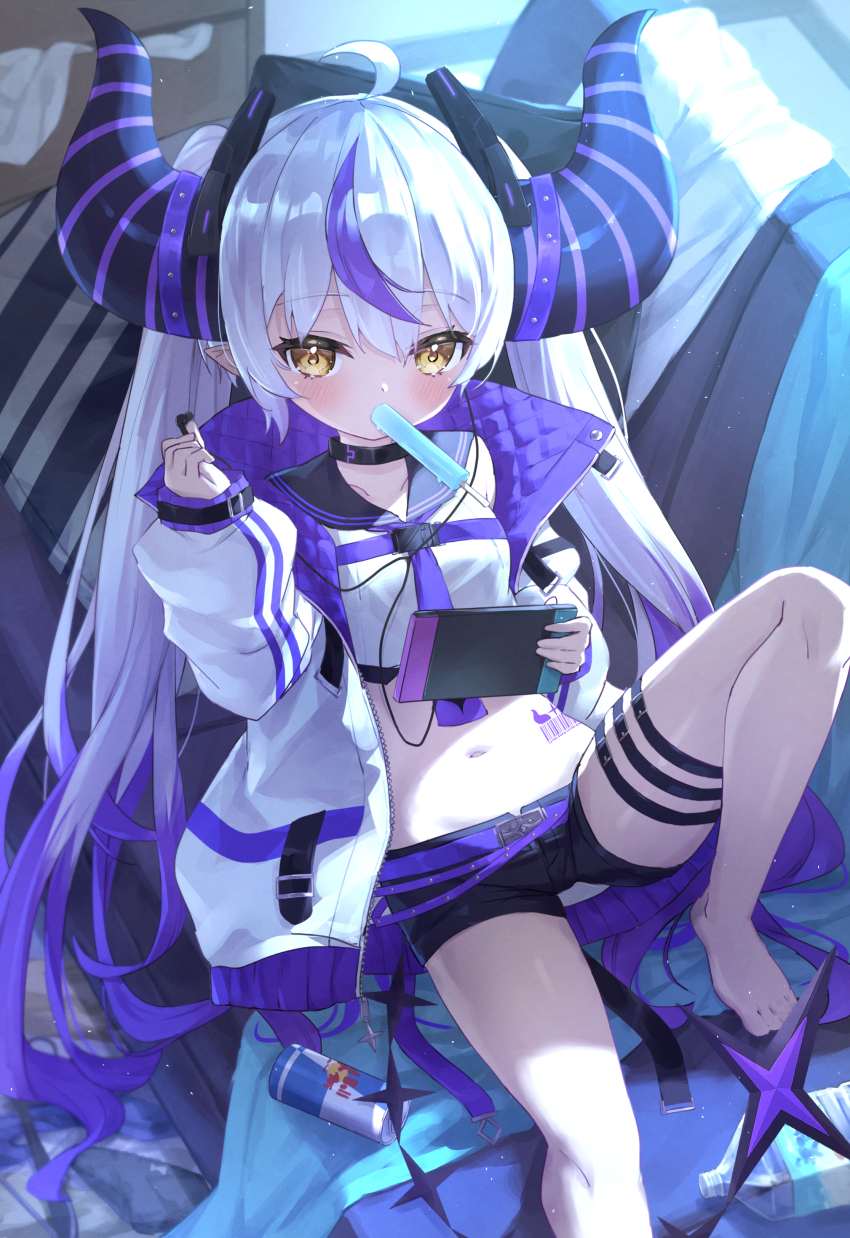 1girl absurdres ahoge barefoot belt black_shorts brown_eyes commentary_request couch crop_top demon_horns earbuds earphones feet food food_in_mouth hair_between_eyes handheld_game_console highres holding holding_earphones hololive horns jacket knee_up la+_darknesss long_hair long_sleeves lying masaki_(msk064) midriff mouth_hold multicolored_hair navel necktie on_back on_couch open_clothes open_jacket pillow pointy_ears popsicle puffy_long_sleeves puffy_sleeves purple_belt purple_hair purple_necktie red_bull short_shorts shorts sitting sleeves_past_wrists solo streaked_hair two-tone_hair very_long_hair virtual_youtuber white_hair white_jacket