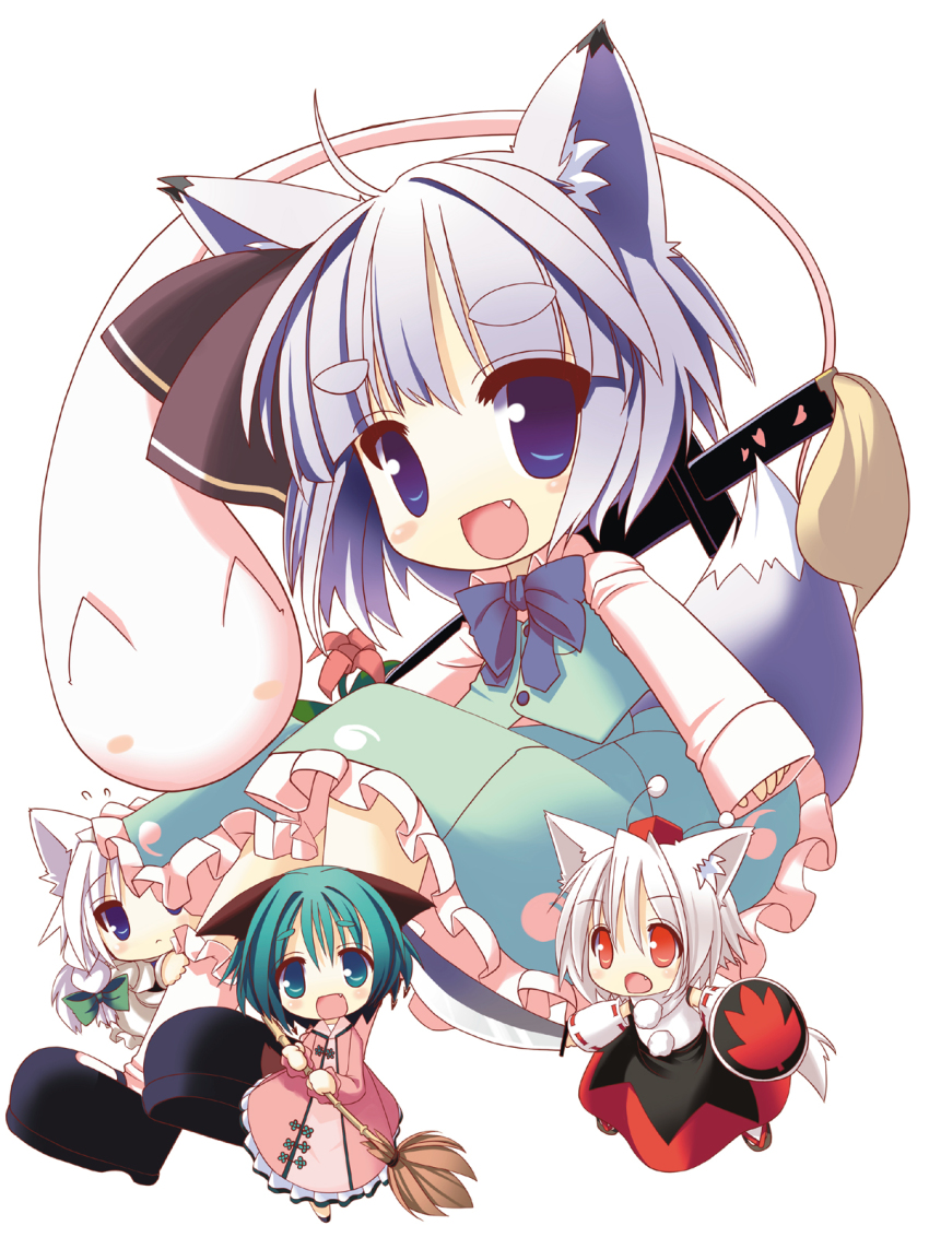 3girls ahoge animal_ears blue_eyes bow braid broom cat_ears cat_girl detached_sleeves fang female_focus green_eyes green_hair hair_bow hat highres hitodama inubashiri_momiji izayoi_sakuya kasodani_kyouko konpaku_youmu konpaku_youmu_(ghost) multiple_girls nagomi_tozakura open_mouth red_eyes shield short_hair side_braid silver_hair single_braid sword tokin_hat touhou weapon wide_sleeves