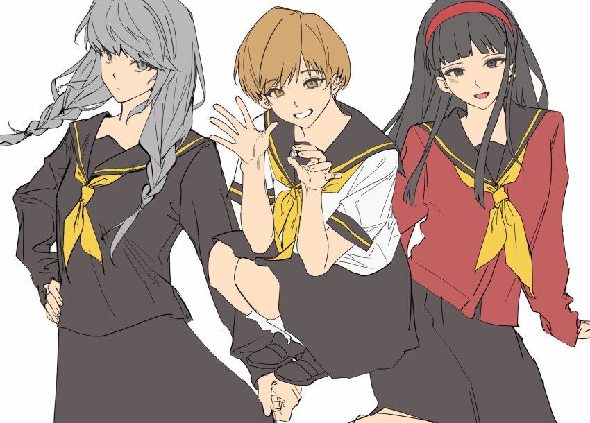 1boy 2girls amagi_yukiko black_footwear black_hair black_shirt black_skirt brown_eyes brown_hair coin crossdressing flat_color grey_eyes grey_hair grin hairband hakogiiii highres holding holding_coin looking_at_viewer multiple_girls narukami_yuu neckerchief open_mouth persona persona_4 red_hairband red_shirt satonaka_chie school_uniform shirt simple_background skirt smile socks trap twintails white_background white_shirt white_socks yellow_neckerchief