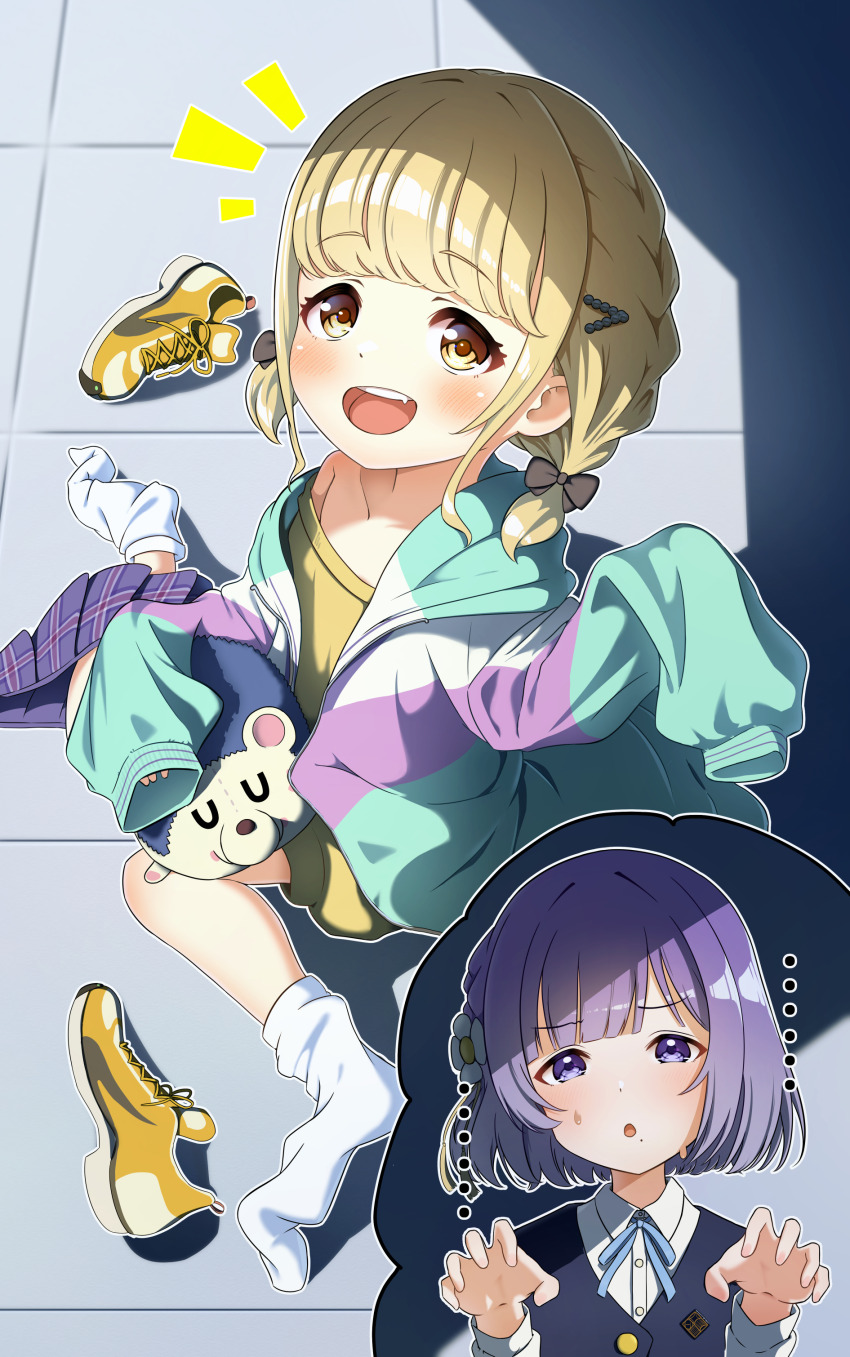 ... 2girls absurdres age_regression aged_down blonde_hair blush fujita_kotone gakuen_idolmaster hataya_misuzu hatsuboshi_gakuen_school_uniform highres idolmaster inset jacket looking_at_another multicolored_jacket multiple_girls notice_lines oversized_clothes purple_hair school_uniform seisel shirt shoes short_twintails sitting sleeves_past_fingers sleeves_past_wrists smile socks stuffed_hedgehog sweatdrop twintails unworn_shoes wariza white_socks yellow_shirt