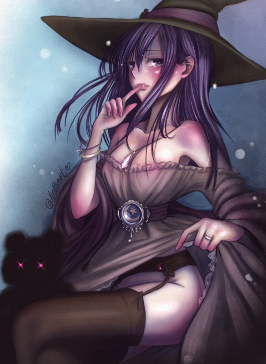 1girl aihara_mei amulet anpsart artist_name black_hair bracelet breasts citrus_(saburouta) cleavage commentary crescent crystal dress english_commentary finger_to_mouth garter_belt garter_straps hat highres jewelry large_breasts lifting_own_clothes lips long_hair looking_at_viewer necklace purple_eyes simple_background solo stuffed_animal stuffed_toy teddy_bear thighhighs witch_hat