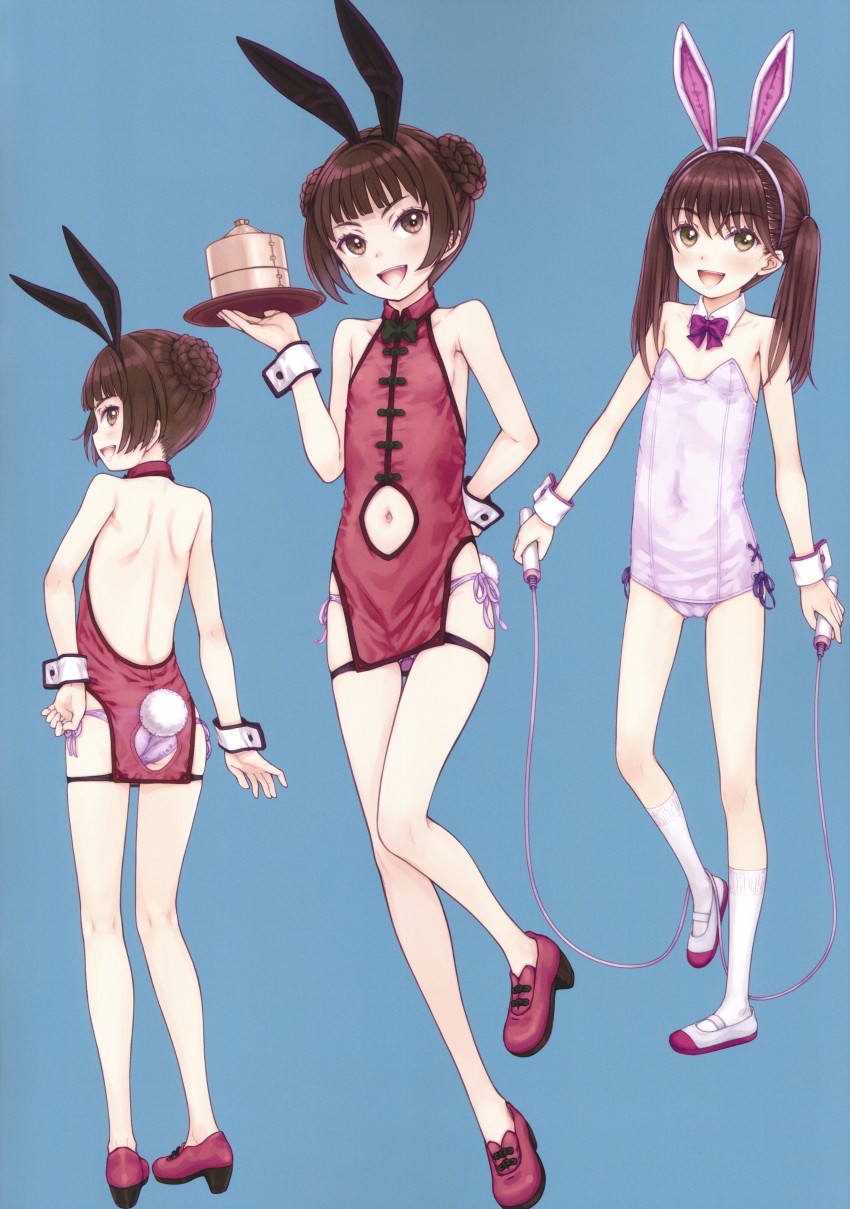 3girls absurdres animal_ears backless_outfit breasts brown_eyes brown_hair chinese_clothes clothing_cutout focke_wulf highres leotard looking_at_viewer multiple_girls navel_cutout original playboy_bunny rabbit_ears scan simple_background skinny small_breasts socks wrist_cuffs