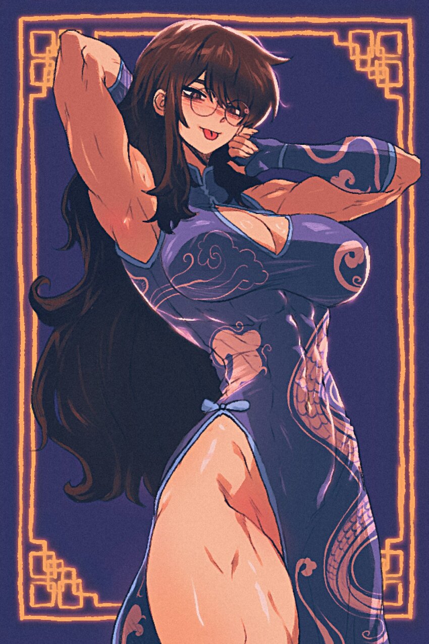 1girl :p abs armpits black_hair breasts china_dress chinese_clothes cleavage cleavage_cutout clothing_cutout dress fingerless_gloves glasses gloves highres large_breasts long_hair muscular muscular_female original round_eyewear side_slit solo spoiledmuffin tongue tongue_out