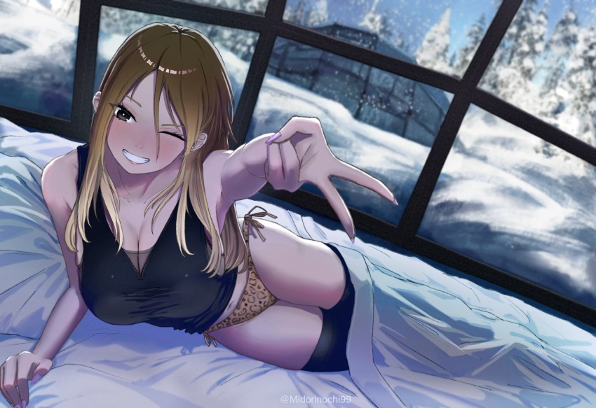 1girl ;d animal_print armpits bed_sheet black_thighhighs blush breasts brown_hair cleavage collarbone fingernails grin gyaru_v hair_between_eyes highres idolmaster idolmaster_shiny_colors indoors izumi_mei large_breasts leopard_print long_hair looking_at_viewer midorinochi99 navel one_eye_closed open_mouth panties pillow print_panties side-tie_panties smile solo thighhighs twitter_username underwear v