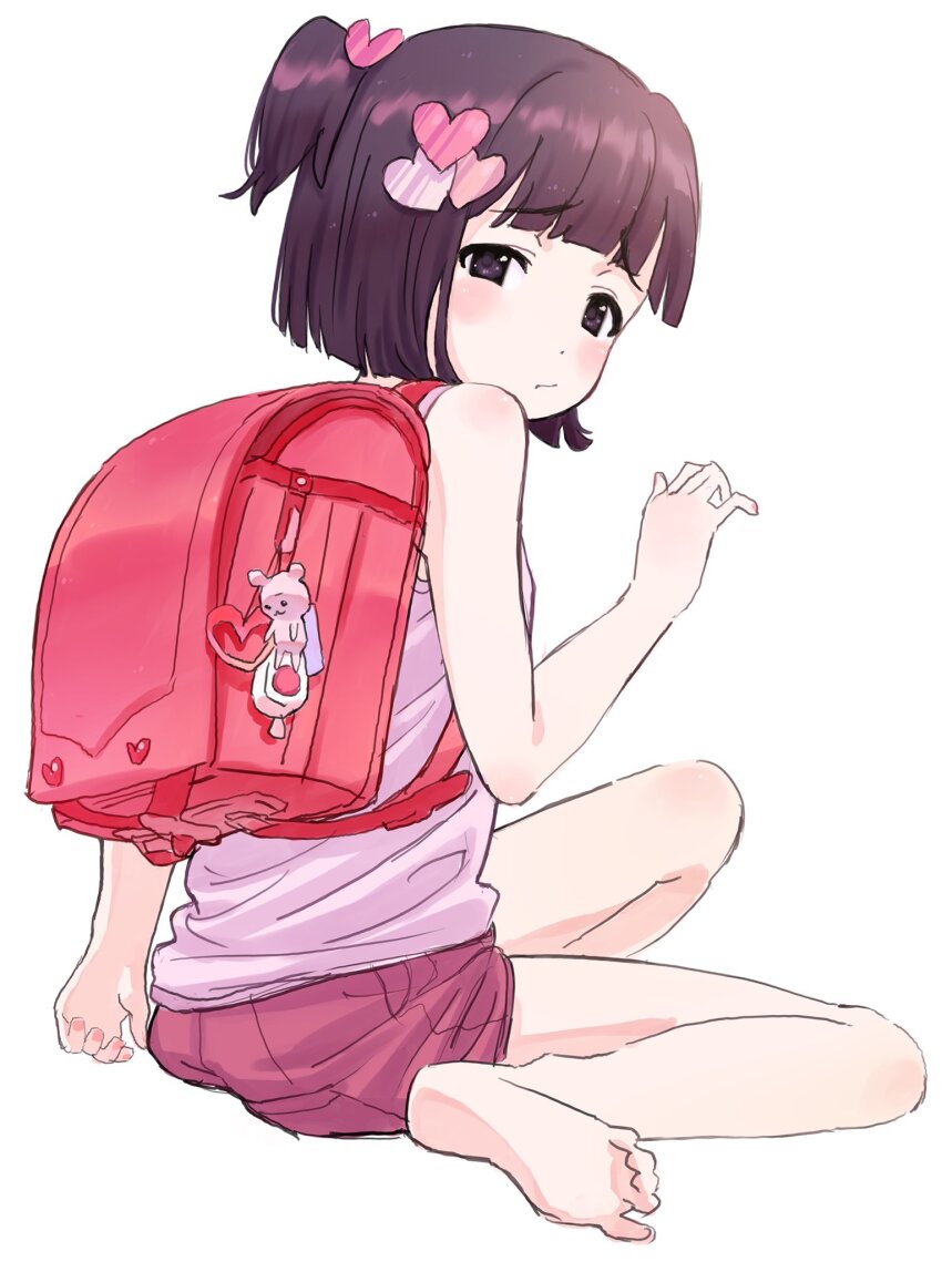 1girl :/ arm_at_side backpack bag bare_arms bare_legs bare_shoulders black_eyes black_hair blunt_bangs closed_mouth dot_nose from_behind frown hair_ornament hand_up heart heart_hair_ornament highres invisible_floor looking_at_viewer looking_back mosh_mallow one_side_up original pink_nails pink_shirt pink_shorts randoseru red_bag shirt short_hair shorts simple_background sitting sleeveless sleeveless_shirt solo tareme wariza white_background