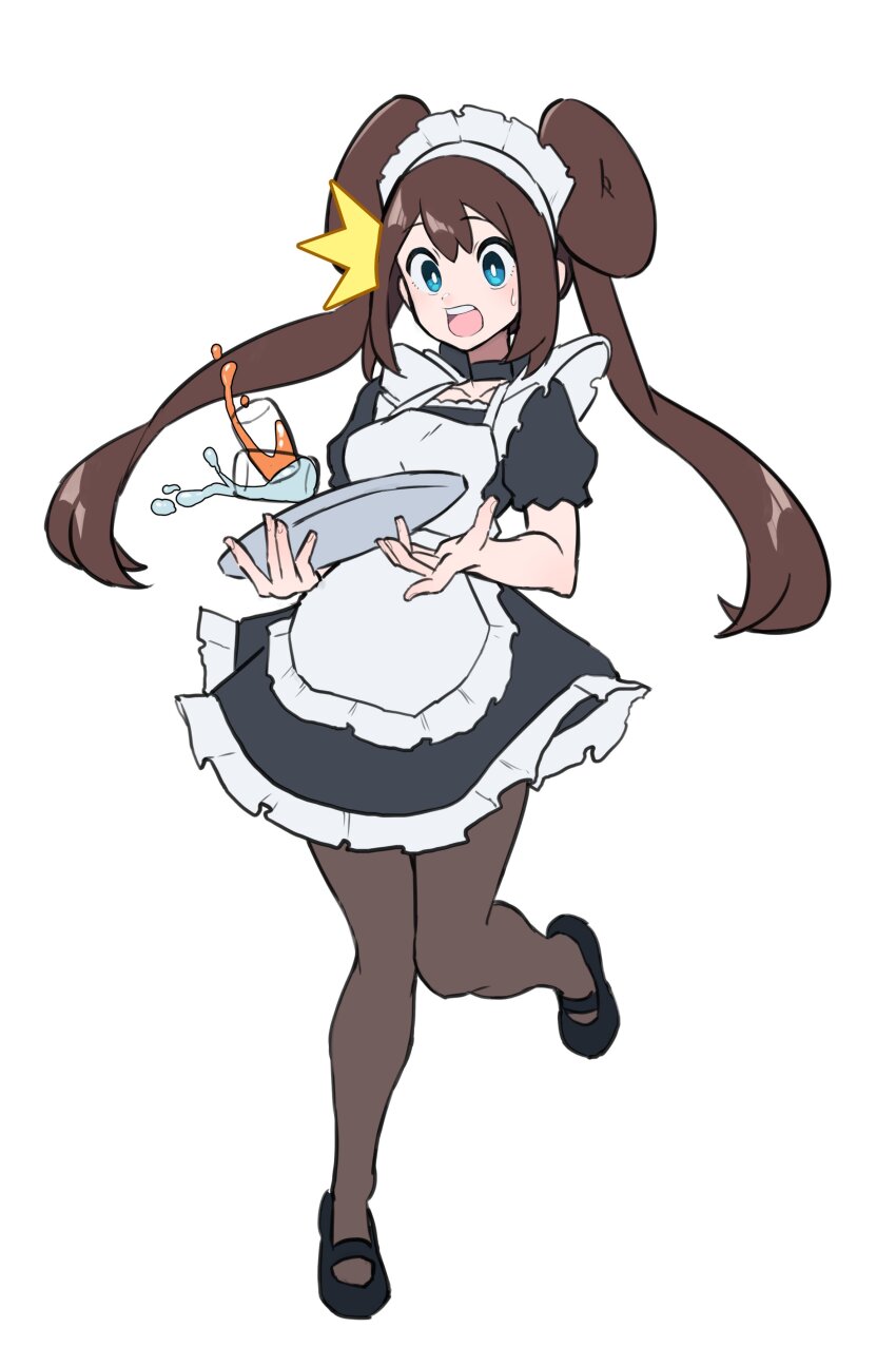 1girl :o absurdres alternate_costume apron black_dress black_footwear blue_eyes brown_hair commentary creatures_(company) double_bun dress drink full_body game_freak grimmelsdathird hair_bun highres holding holding_tray leg_up maid maid_apron maid_headdress nintendo open_mouth pantyhose pokemon pokemon_bw2 rosa_(pokemon) solo spilling surprised symbol-only_commentary teeth tray twintails upper_teeth_only white_background