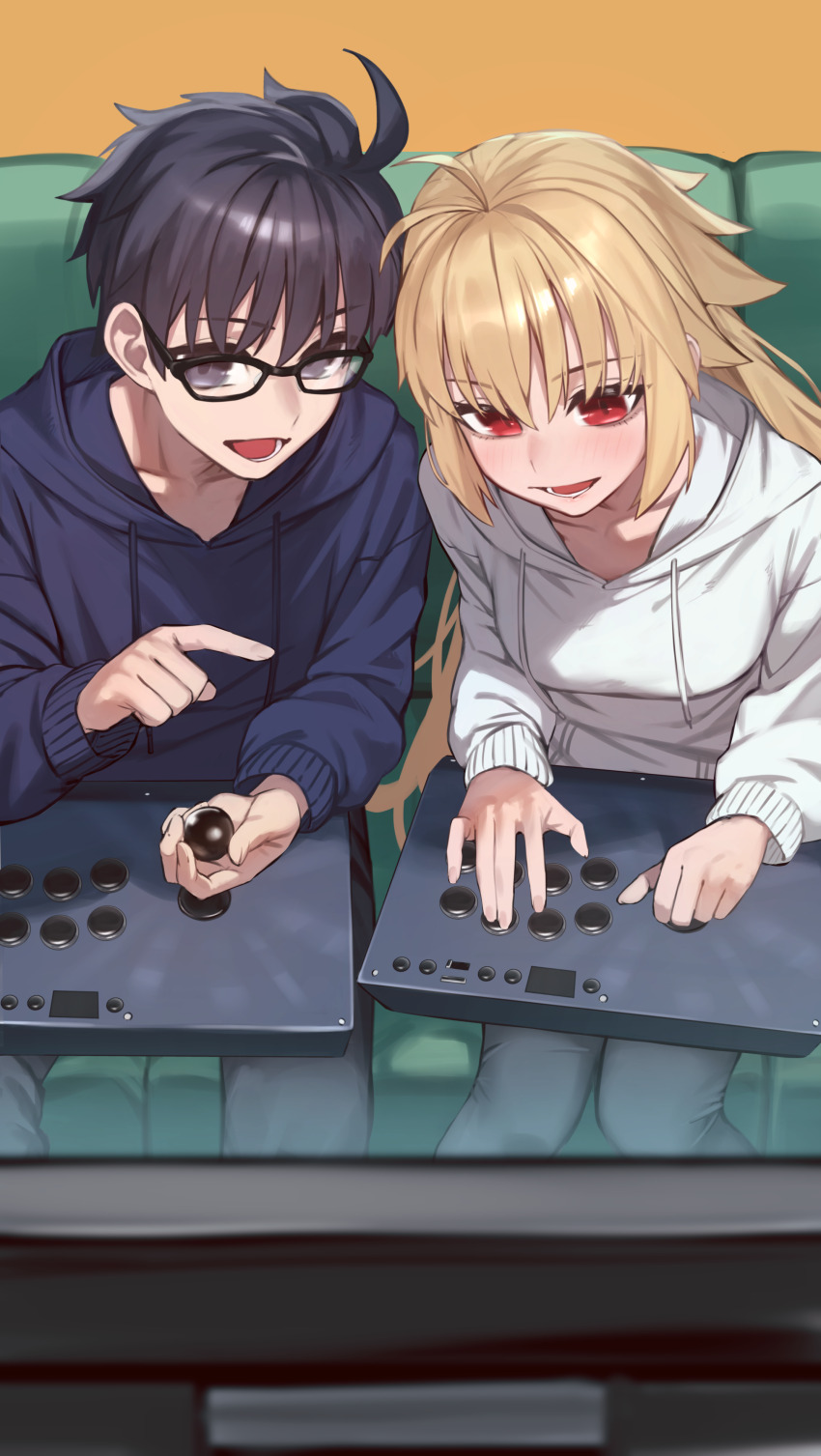 absurdres archetype_earth arcueid_brunestud black_hair blonde_hair chorogon commission controller couple game_controller glasses highres jacket long_hair melty_blood pixiv_commission playing_games red_eyes teaching tohno_shiki tsukihime