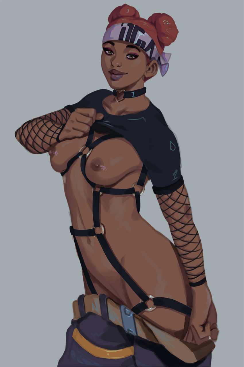 1girl alternate_costume apex_legends belt black_choker black_pants black_shirt breasts brown_belt brown_lips choker clothes_lift collarbone commentary dark-skinned_female dark_skin double_bun english_commentary eyeshadow fishnet_sleeves fishnets flhourart goth_fashion grey_eyes groin hair_bun headband heart heart_choker highres lifeline_(apex_legends) looking_at_viewer makeup medium_breasts navel nipples pants red_eyeshadow red_hair shirt shirt_lift smile solo white_headband