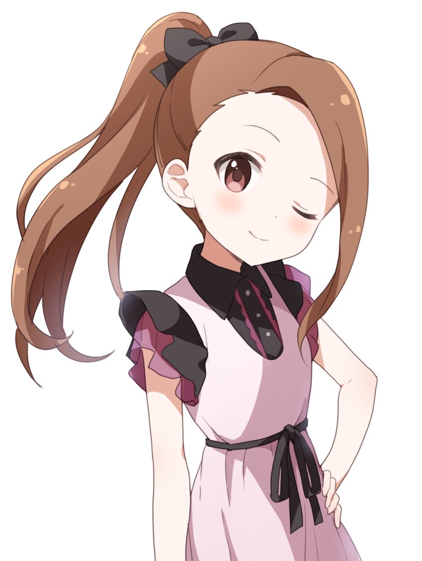 1girl absurdres alternate_hairstyle black_border border bow brown_eyes brown_hair buchi_(y0u0ri_) closed_mouth collared_dress dress hair_bow hair_up hand_on_own_hip head_tilt highres idolmaster idolmaster_(classic) long_hair looking_at_viewer minase_iori one_eye_closed pink_dress ponytail simple_background sleeveless sleeveless_dress smile solo standing upper_body white_background