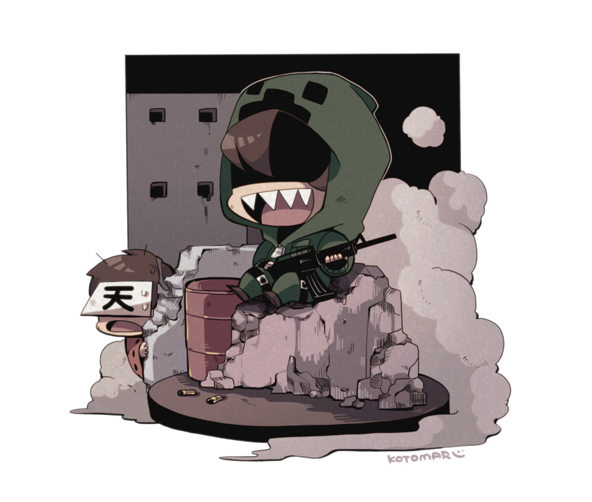 2boys assault_rifle bullet chibi drum_(container) dust green_jumpsuit gun highres holding holding_gun holding_weapon jumpsuit kotorai leg_belt male_focus marumaru_no_shuyaku_wa_wareware_da! multiple_boys open_mouth paper_on_head peeking_out rifle roboro rubble shaded_face sharp_teeth sitting teeth weapon zipper_pull_tab zom