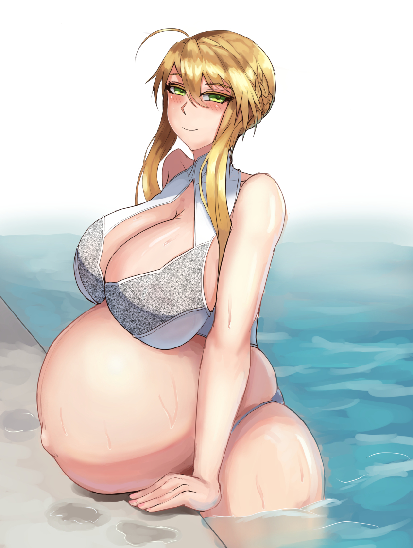 13otsu 1girl absurdres artoria_pendragon_(all) artoria_pendragon_(fate) artoria_pendragon_(lancer)_(fate) artoria_pendragon_(swimsuit_ruler)_(fate) artoria_pendragon_(swimsuit_ruler)_(second_ascension)_(fate) big_belly blonde_hair blush braid breasts cleavage cleavage_cutout clothing_cutout curvy fate/grand_order fate_(series) green_eyes hair_bun hair_over_shoulder highres huge_breasts long_hair looking_at_viewer outie_navel pool poolside pregnant shiny_skin sidelocks skindentation smile solo swimsuit thick_thighs thighs wet wide_hips