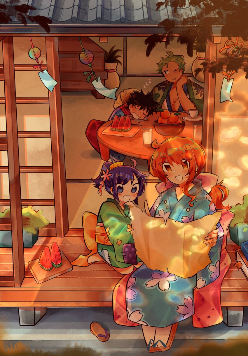 2boys 2girls architecture black_hair blue_eyes blue_kimono blush child commentary cup dappled_sunlight east_asian_architecture eggtuna english_commentary floral_print floral_print_kimono food from_outside fruit full_body green_hair green_kimono hair_ornament hair_ribbon hat highres holding holding_map japanese_clothes kimono kurozumi_tama long_hair long_sleeves low_ponytail mandarin_orange map milk monkey_d._luffy multiple_boys multiple_girls nami_(one_piece) obi one_eye_closed one_piece open_mouth orange_eyes orange_hair print_kimono purple_hair red_kimono ribbon roronoa_zoro sandals sash scar scar_on_chest seiza short_hair single_sidelock sitting sleeping smile straw_hat sunlight unworn_hat unworn_headwear watermelon watermelon_slice wide_sleeves wind_chime zzz