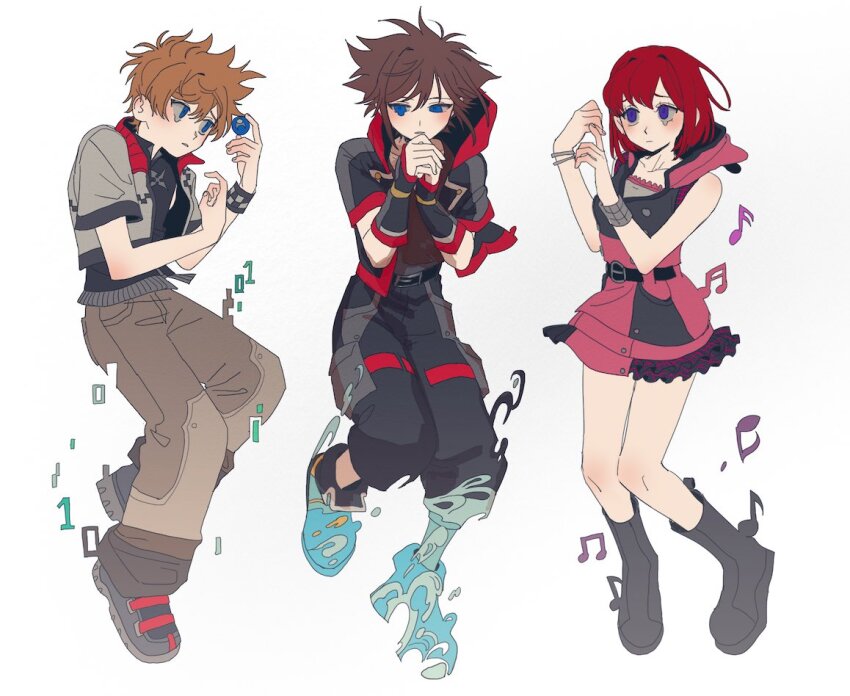 1girl 2boys bare_shoulders belt blue_eyes brown_hair dress hair_between_eyes hat_babo holding hood hooded_dress kairi_(kingdom_hearts) kingdom_hearts kingdom_hearts_melody_of_memory multiple_boys musical_note open_mouth pink_dress red_hair roxas short_hair sleeveless sleeveless_dress sora_(kingdom_hearts) spiked_hair