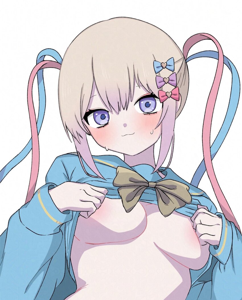 1girl areola_slip blonde_hair blue_hair blush bow breasts chouzetsusaikawa_tenshi-chan clothes_lift hair_between_eyes hair_bow hair_ribbon highres inami_(x_spidekawaii_x) large_breasts looking_at_viewer multicolored_hair multiple_hair_bows needy_girl_overdose purple_eyes ribbon sailor_collar shirt_lift simple_background solo sweat upper_body white_background