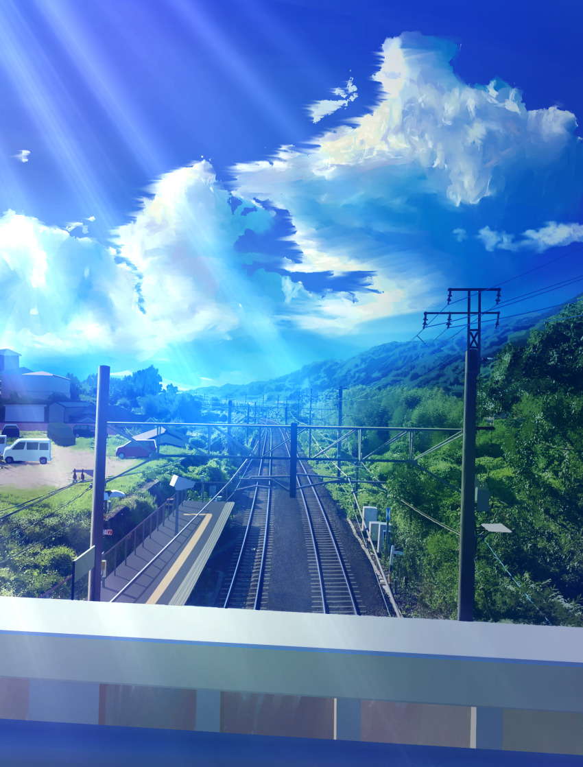 absurdres aobara1101 blue_sky building car cloud day highres motor_vehicle no_humans original outdoors overhead_line power_lines railroad_tracks rural scenery sky tree utility_pole