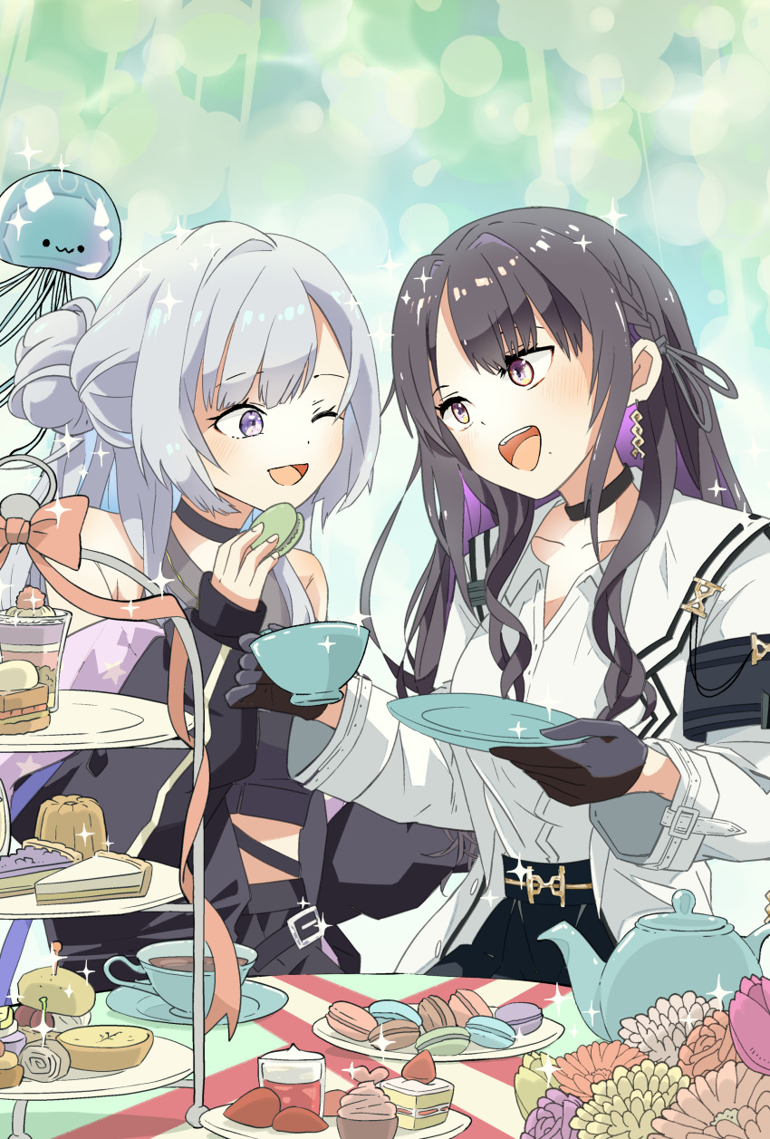 2girls ;d absurdres animal armband black_choker black_hair black_jacket black_shirt black_skirt brown_flower choker collarbone collared_shirt cup dress_shirt flower food grey_hair hair_bun highres holding holding_cup holding_saucer jacket jellyfish long_hair macaron multicolored_hair multiple_girls off_shoulder one_eye_closed open_clothes open_jacket open_mouth original pink_flower plate purple_eyes purple_hair saucer shirt skirt smile sparkle teapot tiered_tray two-tone_hair very_long_hair white_flower white_jacket white_shirt yellow_flower yukimoto_shuuji_(gurigura)