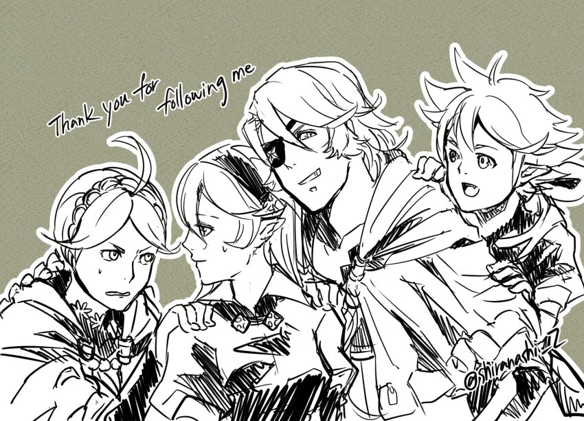 2boys 2girls ahoge corrin_(female)_(fire_emblem) corrin_(fire_emblem) eyepatch fire_emblem fire_emblem_fates greyscale highres kana_(fire_emblem) kana_(male)_(fire_emblem) looking_at_another looking_at_viewer monochrome multiple_boys multiple_girls niles_(fire_emblem) nina_(fire_emblem) nintendo parted_bangs shiranashi_z thank_you