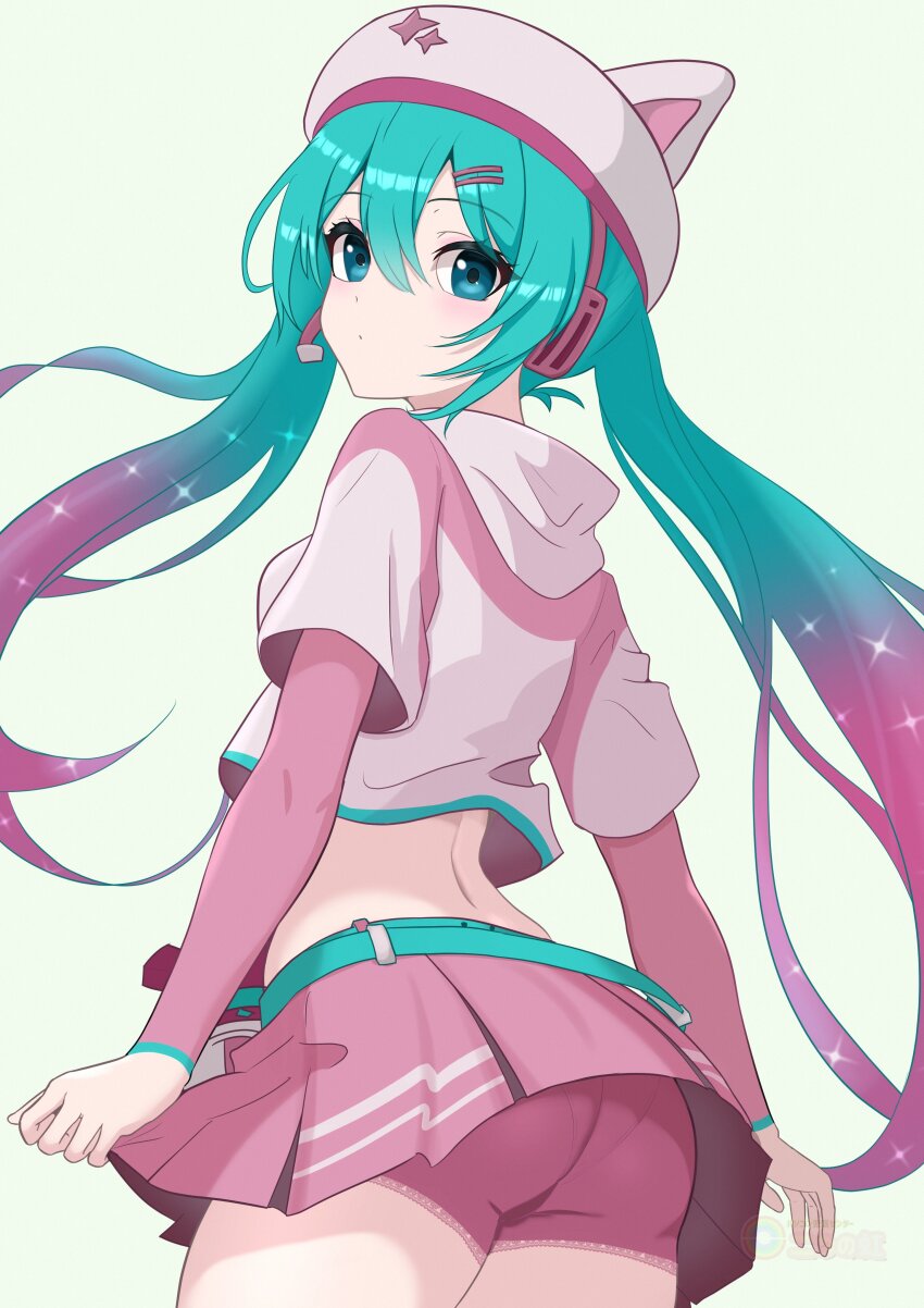 1girl absurdres animal_hat aqua_eyes aqua_hair ass back cat_hat crop_top cropped_sweater diamond_(shape) fingernails fortnite futatunoniji gradient_hair hat hatsune_miku headset highres logo long_hair long_sleeves looking_at_viewer megaphone multicolored_hair neko_hatsune_miku pink_hair pink_hat pink_shirt pink_shorts pink_skirt pink_sleeves pink_sweater shirt short_sleeves shorts skirt solo sweater twintails very_long_hair vocaloid