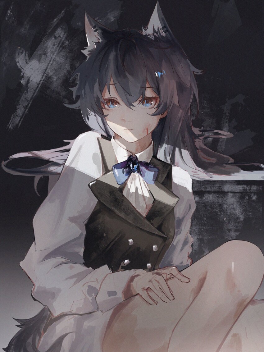 1girl absurdres animal_ear_fluff animal_ear_piercing animal_ears arknights arm_rest arm_support ascot black_hair black_vest blue_bow blue_bowtie blue_brooch blue_eyes bow bowtie brooch buttons closed_mouth cuts elyzerda extra_ears facing_viewer feet_out_of_frame film_grain frown hair_between_eyes hair_spread_out hand_on_own_thigh highres injury jewelry knees lapels long_hair long_sleeves looking_afar looking_ahead notched_lapels orange_eyes puffy_long_sleeves puffy_sleeves scratches shade shirt sitting solo straight_hair texas_(arknights) thighs two-tone_eyes vest white_ascot white_shirt wolf_ears wolf_girl