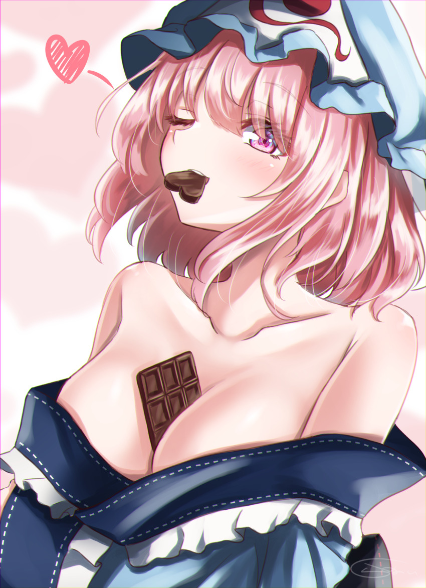 1girl absurdres between_breasts blue_hat blue_kimono blush breasts candy chocolate chocolate_heart cleavage collarbone food hat heart highres japanese_clothes kimono large_breasts long_sleeves mob_cap mouth_hold one_eye_closed open_mouth pink_eyes pink_hair saigyouji_yuyuko shiranui_(wasuresateraito) short_hair signature solo touhou triangular_headpiece upper_body