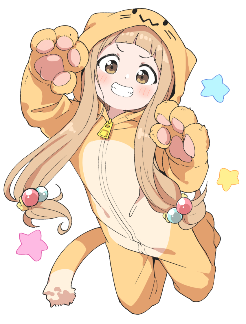 1girl :d animal_costume animal_ears animal_hands animal_hood arched_bangs arms_up blob_(google) blobcat blobcat_(cosplay) blush brown_eyes brown_hair cat_costume cat_ears cat_hood cat_tail child cosplay dot_nose fake_animal_ears fake_tail full_body grin hair_bobbles hair_ornament hair_scrunchie heart highres hood hood_up ichihara_nina idolmaster idolmaster_cinderella_girls idolmaster_cinderella_girls_u149 kanabun kigurumi kneeling long_hair looking_at_viewer onesie open_mouth pajamas paw_print scrunchie simple_background smile solo tail variant_set whiskers white_background yellow_pajamas yellow_scrunchie zipper