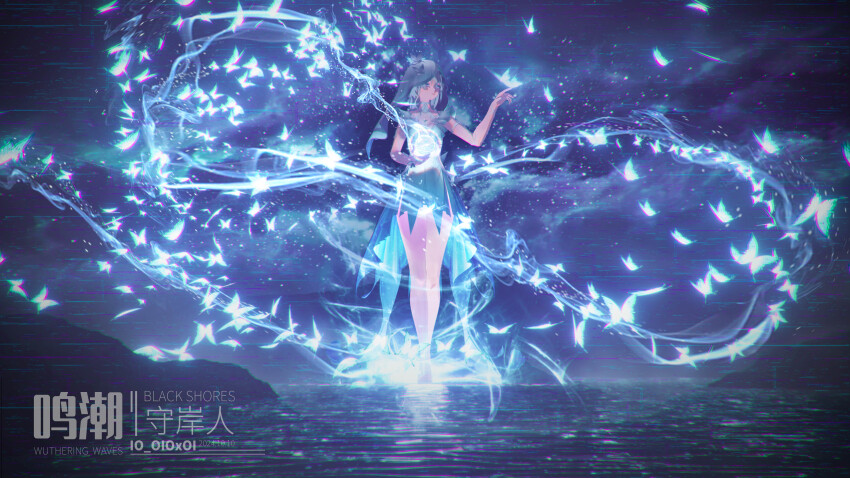 1girl absurdres armlet bare_legs blue_butterfly blue_hair blue_theme blue_veil breasts bug butterfly chromatic_aberration closed_mouth colored_eyelashes commentary dress full_body hand_up highres insect io_oioxoi jewelry legs long_hair medium_breasts purple_eyes shorekeeper_(wuthering_waves) sleeveless sleeveless_dress solo standing two-tone_veil veil white_dress white_veil wuthering_waves