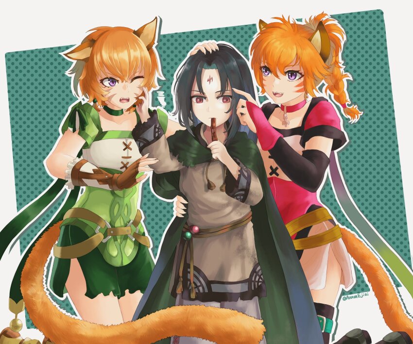 1boy 2girls aged_down animal_ears cat cat_ears cat_girl cat_tail collar commission commissioner_upload ebrietas_(arayaejiri) facepaint fangs fire_emblem fire_emblem:_path_of_radiance fire_emblem:_radiant_dawn fire_emblem_heroes headpat highres lethe_(fire_emblem) lyre_(fire_emblem) multiple_girls nintendo orange_hair purple_eyes red_eyes siblings sisters soren_(fire_emblem) soren_(hushed_voice)_(fire_emblem) tail twins