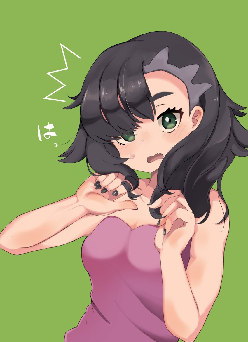 1girl asymmetrical_bangs black_hair black_nails blush breasts commentary_request creatures_(company) dress eyelashes fang game_freak green_background green_eyes hands_up highres looking_at_viewer marnie_(pokemon) medium_hair nail_polish nintendo open_mouth pink_dress pokemon pokemon_swsh solo tongue umiru