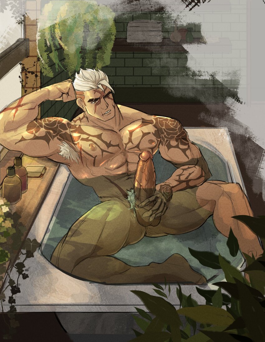 1boy abs absurdres afk_(series) afk_journey arm_tattoo arm_up armpit_hair bara bath bathtub brown_eyes chest_tattoo commentary completely_nude dumart_(dunbans) english_commentary highres large_penis leaf looking_at_penis lucca_(afk) male_focus male_masturbation male_pubic_hair masturbation muscular muscular_male navel nipples nude one_eye_closed parted_lips partially_submerged pectorals penis plant pubic_hair scar scar_on_arm scar_on_face shampoo_bottle short_hair solo spread_legs steam tattoo teeth veins veiny_penis very_short_hair water white_hair