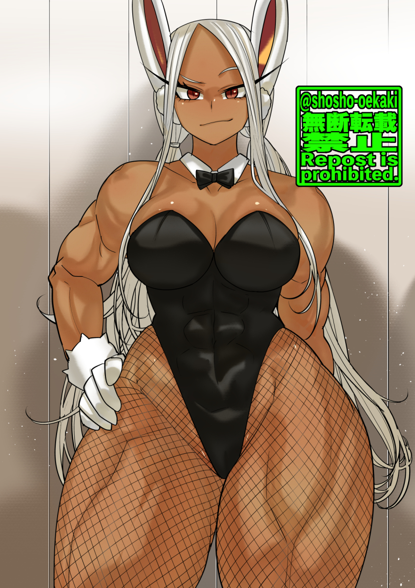 1girl abs artist_name boku_no_hero_academia bow bowtie breasts cleavage collarbone covered_abs fishnets gloves hand_on_own_hip highres large_breasts leotard long_hair looking_at_viewer mirko muscular muscular_female playboy_bunny red_eyes shosho_oekaki smile solo thick_thighs thighs white_gloves white_hair wide_hips